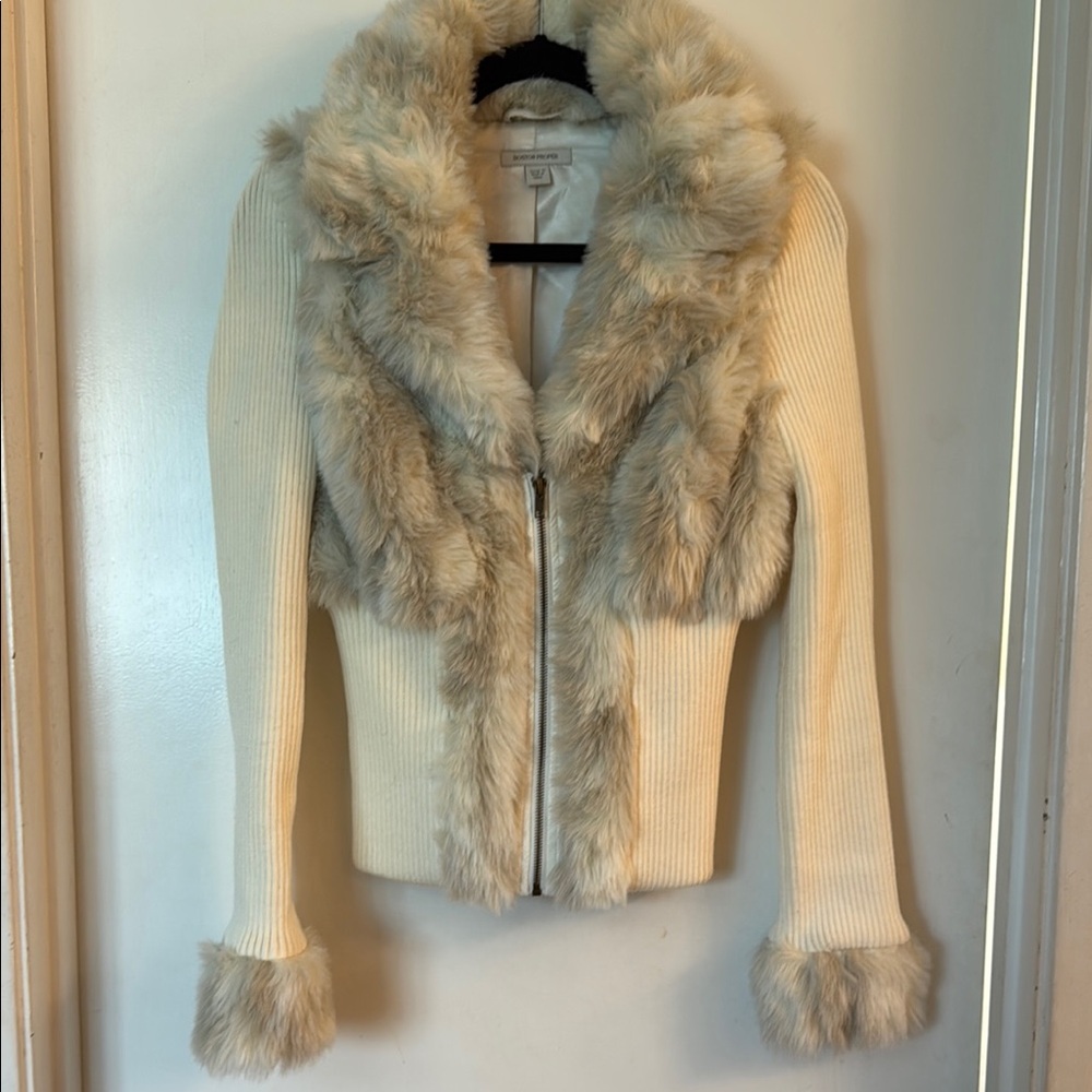 Boston Proper Chic Cream Faux Fur Trim Jacket
